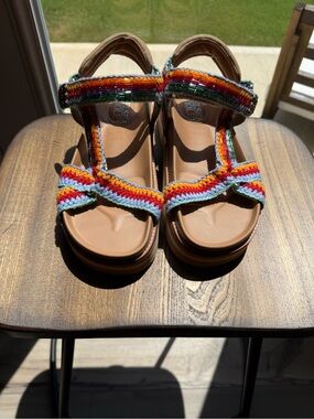 Chelsea & Violet Rainbow Crochet Strap Platform Sandals in Tan